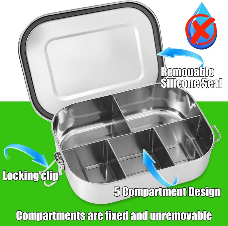 UPTRUST Stainless Steel Bento Lunch Food Box Container, 5-Compartment Large 1400ML Metal Bento Lunch Box Container for Kids or Adults with Lockable Clips to Leak Proof - Image 3